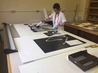 Person inspecting prints